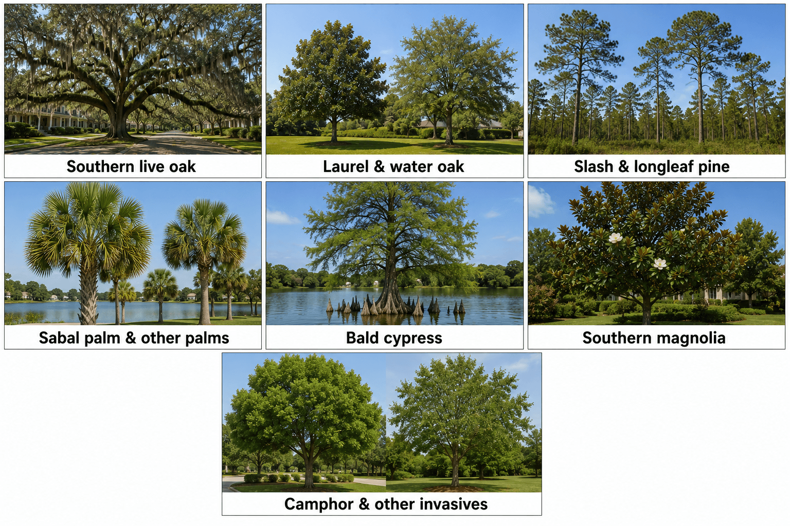 Leaf and bark details from live oak, pine, palm, and cypress trees in Orlando